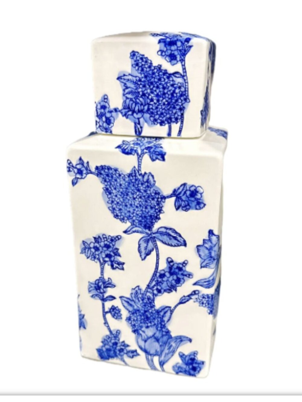 Blue and White Porcelain Square Lidded Jar - 11" Tall